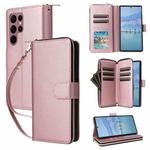 For Samsung Galaxy S22 Ultra 5G Nine-card Slots Zipper Wallet Bag Leather Phone Case(Rose Gold)