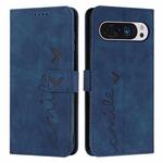 For Google Pixel 10 / 10 Pro Skin Feel Heart Embossed Leather Phone Case with Long Lanyard(Blue)