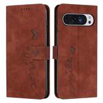 For Google Pixel 10 Pro XL Skin Feel Heart Embossed Leather Phone Case with Long Lanyard(Brown)