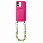 For iPhone 16 Plus Dopamine Card Slot Phone Case with Lanyard(Rose Red)