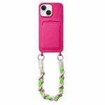 For iPhone 14 Plus Dopamine Card Slot Phone Case with Lanyard(Rose Red)