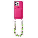 For iPhone 12 Pro Dopamine Card Slot Phone Case with Lanyard(Rose Red)