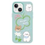 For iPhone 15 Skin Feeling Jelly TPU Hybrid PC Phone Case(Flowers Puppy Light Green)