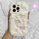 For iPhone 15 Pro Snake Embroidery Plush Silicone Phone Case(Bowknot And Beige)