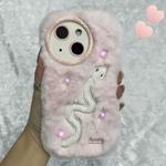 For iPhone 14 Snake Embroidery Plush Silicone Phone Case(Snake And Pink)