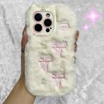 For iPhone 13 Pro Max Snake Embroidery Plush Silicone Phone Case(Bowknot And Beige)