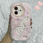 For iPhone 16 Plus Snake Embroidery Plush Silicone Phone Case(Snake And Pink)