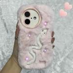 For iPhone 16 Snake Embroidery Plush Silicone Phone Case(Snake And Pink)