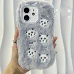 For iPhone 12 Cute Embroidery Plush Silicone Phone Case(Gray Cat)