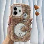 For iPhone 16 Cute Embroidery Plush Silicone Phone Case(Moon)