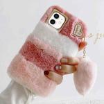 For iPhone 12 Gold Diamond Flower Decorated Plush Silicone Phone Case with Pendant(Pink White)