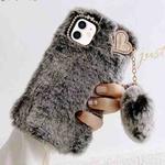 For iPhone 12 Gold Diamond Flower Decorated Plush Silicone Phone Case with Pendant(Grey)