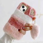 For iPhone 13 mini Gold Diamond Flower Decorated Plush Silicone Phone Case with Pendant(Pink White)