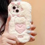 For iPhone 14 Plus Embroidered Plush TPU Phone Case(Beige Heart)