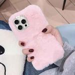 For iPhone 15 Pro Max Diamond Lens Ring Solid Color Plush Phone Case(Pink)