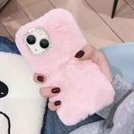 For iPhone 13 mini Diamond Lens Ring Solid Color Plush Phone Case(Pink)