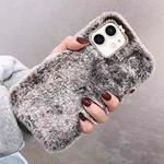 For iPhone 12 Diamond Lens Ring Solid Color Plush Phone Case(Brown)