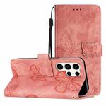 For Samsung Galaxy S25 Ultra 5G Skin-feel Embossed Butterfly Leather Phone Case(Pink)