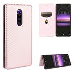 For Sony Xperia 1 Carbon Fiber Texture Horizontal Flip TPU + PC + PU Leather Case with Card Slot(Pink)