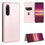 For Sony Xperia 5 Carbon Fiber Texture Horizontal Flip TPU + PC + PU Leather Case with Card Slot(Pink)