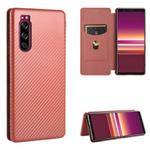 For Sony Xperia 5 Carbon Fiber Texture Horizontal Flip TPU + PC + PU Leather Case with Card Slot(Brown)