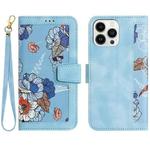 For iPhone 16 Pro Max Floral Pattern Leather Phone Case with Lanyard(Light Blue)