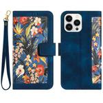 For iPhone 16 Pro Floral Pattern Leather Phone Case with Lanyard(Dark Blue)