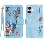 For iPhone 16 Plus Floral Pattern Leather Phone Case with Lanyard(Light Blue)