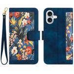 For iPhone 16 Plus Floral Pattern Leather Phone Case with Lanyard(Dark Blue)