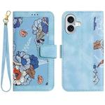 For iPhone 16 Floral Pattern Leather Phone Case with Lanyard(Light Blue)