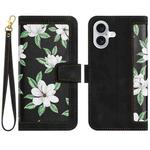 For iPhone 16 Floral Pattern Leather Phone Case with Lanyard(Black)