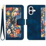 For iPhone 16 Floral Pattern Leather Phone Case with Lanyard(Dark Blue)