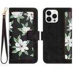 For iPhone 15 Pro Floral Pattern Leather Phone Case with Lanyard(Black)