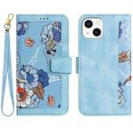 For iPhone 15 Plus Floral Pattern Leather Phone Case with Lanyard(Light Blue)