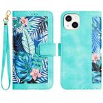 For iPhone 15 Plus Floral Pattern Leather Phone Case with Lanyard(Green)