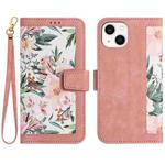 For iPhone 15 Plus Floral Pattern Leather Phone Case with Lanyard(Pink)