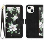 For iPhone 15 Floral Pattern Leather Phone Case with Lanyard(Black)