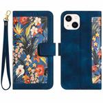 For iPhone 14 Plus Floral Pattern Leather Phone Case with Lanyard(Dark Blue)