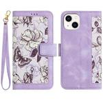 For iPhone 14 Floral Pattern Leather Phone Case with Lanyard(Light Purple)