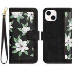 For iPhone 14 Floral Pattern Leather Phone Case with Lanyard(Black)