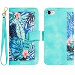 For iPhone SE 2022 / 2020 Floral Pattern Leather Phone Case with Lanyard(Green)