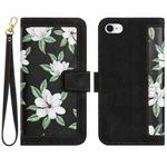 For iPhone SE 2022 / 2020 Floral Pattern Leather Phone Case with Lanyard(Black)