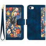 For iPhone SE 2022 / 2020 Floral Pattern Leather Phone Case with Lanyard(Dark Blue)