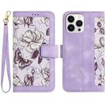 For iPhone 13 Pro Max Floral Pattern Leather Phone Case with Lanyard(Light Purple)