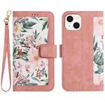 For iPhone 13 Pro Floral Pattern Leather Phone Case with Lanyard(Pink)