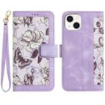 For iPhone 13 mini Floral Pattern Leather Phone Case with Lanyard(Light Purple)