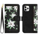 For iPhone 12 / 12 Pro Floral Pattern Leather Phone Case with Lanyard(Black)