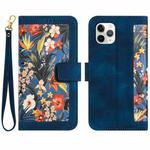 For iPhone 12 / 12 Pro Floral Pattern Leather Phone Case with Lanyard(Dark Blue)