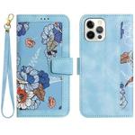 For iPhone 12 Pro Max Floral Pattern Leather Phone Case with Lanyard(Light Blue)