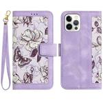 For iPhone 12 Pro Max Floral Pattern Leather Phone Case with Lanyard(Light Purple)